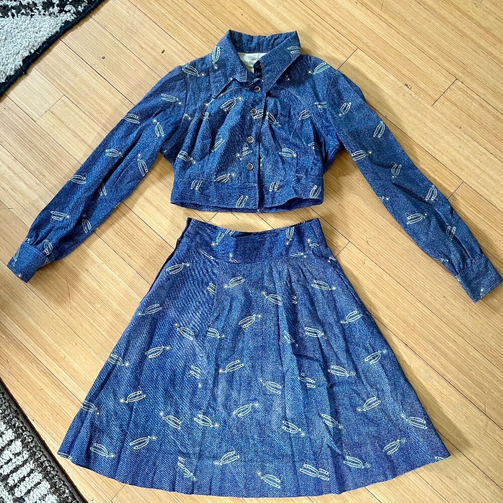 Handmade Rhinestone Spur Cotton Skirt and Jacket Vintage Matching Set